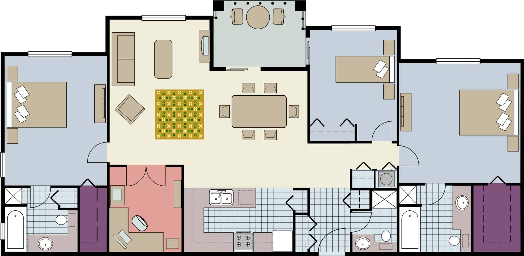 Vector shows the architectural plan of 3-bedroom condo with den and furniture